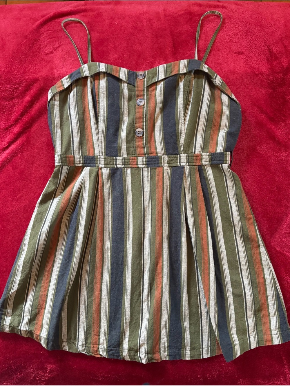 Sweet Wanderer Striped Spaghetti Strap Dress in Olive, Rust & Navy
